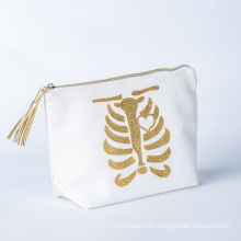 Custom Logo Printed Eco Friendly Organic Cotton Canvas Travel Makeup Cosmetic Bag with Gold Zipper